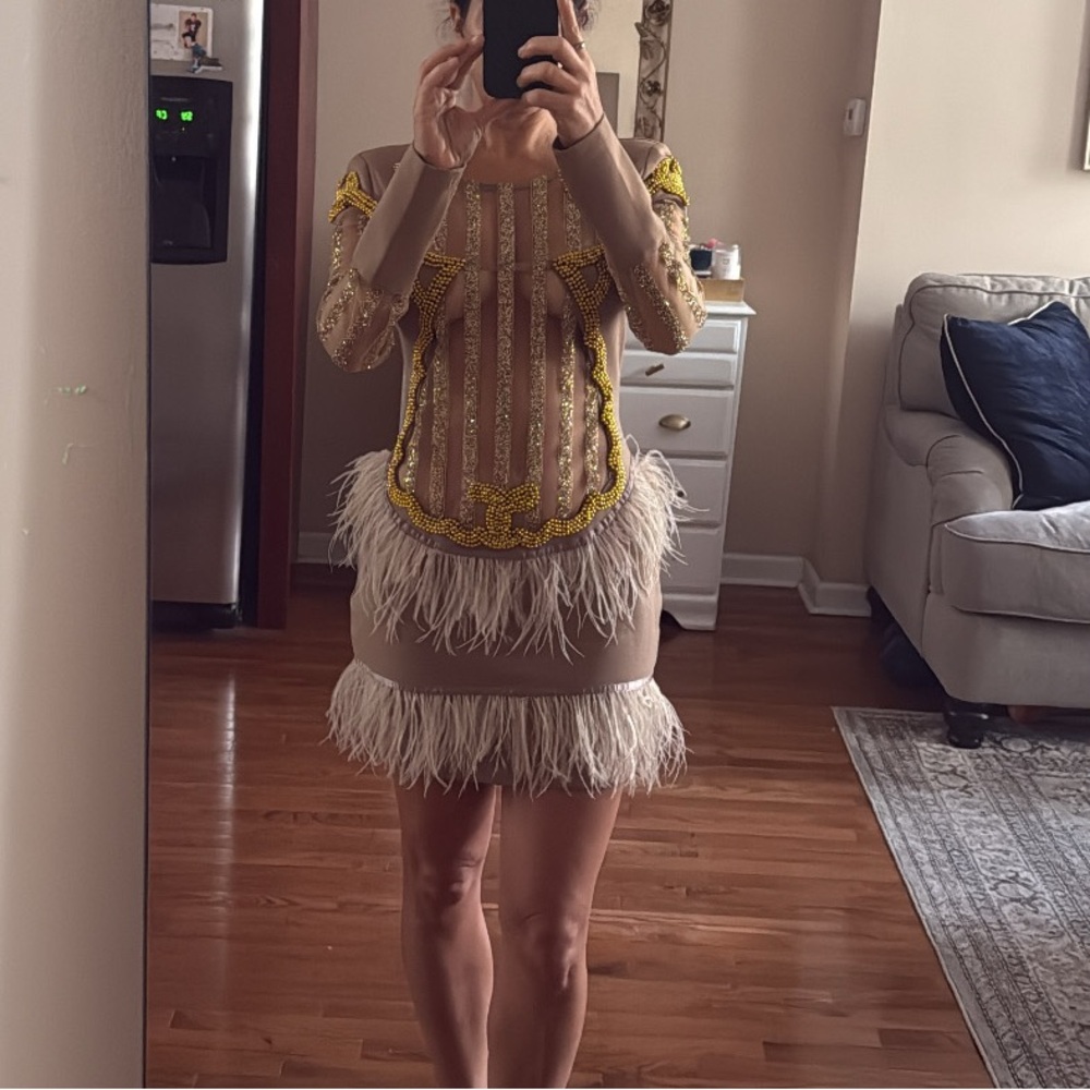 L'ATISTE Gold and Cream Feathered Dress